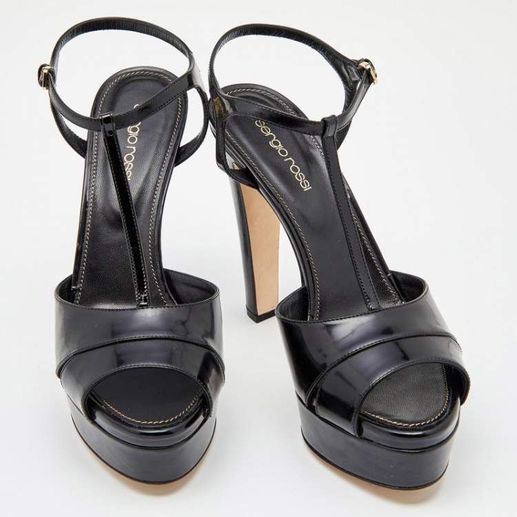 Pre Owned Sergio Rossi Black Patent Leather Ankle Strap Platform Sandals Size 40