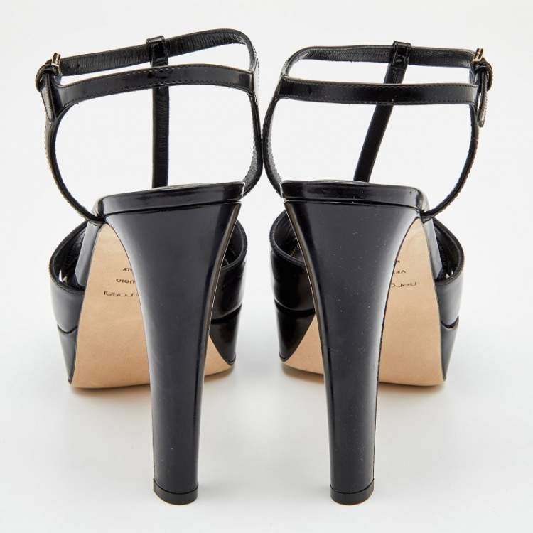 Pre Owned Sergio Rossi Black Patent Leather Ankle Strap Platform Sandals Size 40