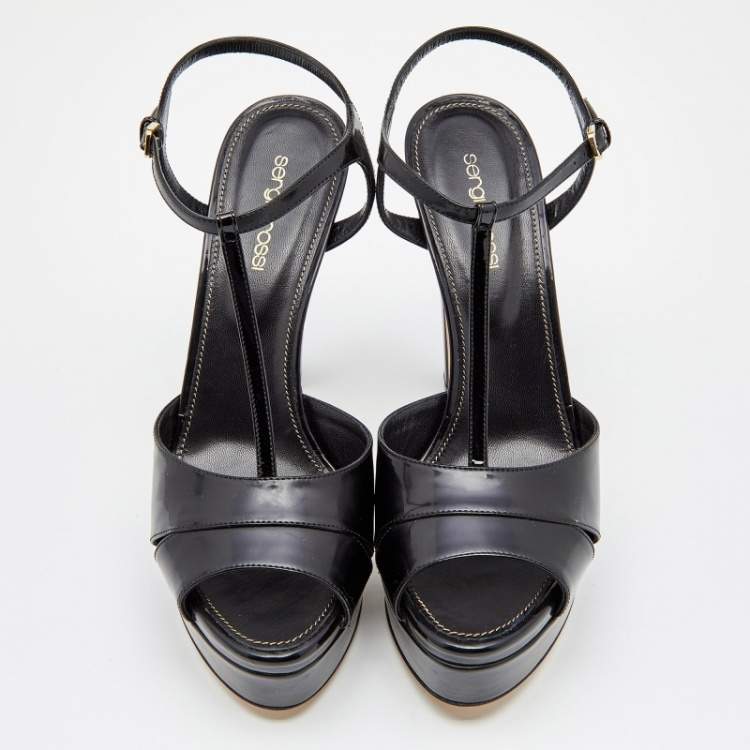 Pre Owned Sergio Rossi Black Patent Leather Ankle Strap Platform Sandals Size 40