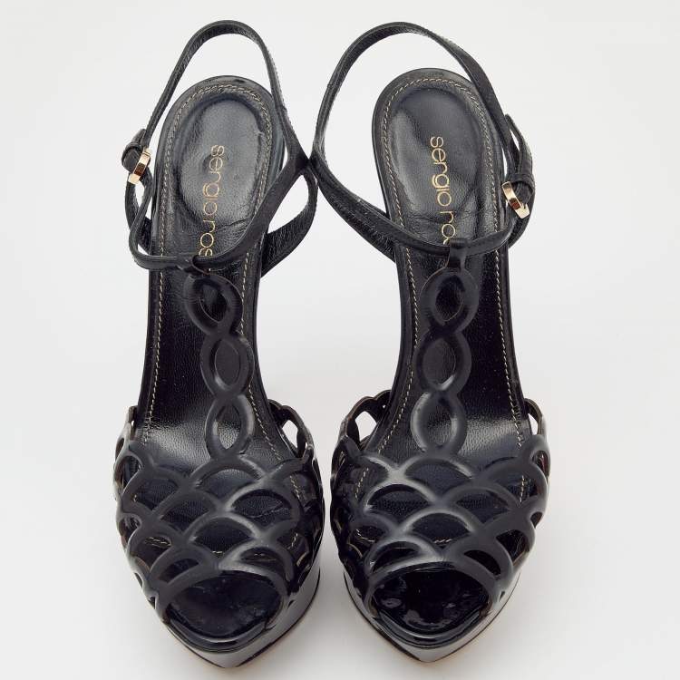 مملوكة مسبقًا Sergio Rossi Black Patent Leather Cut Out Platform Ankle Strap Sandals Size 35