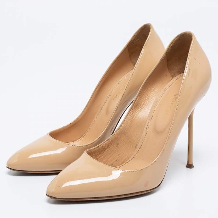 Pre Owned Sergio Rossi Beige Patent Leather Pointed-Toe Pumps Size 37