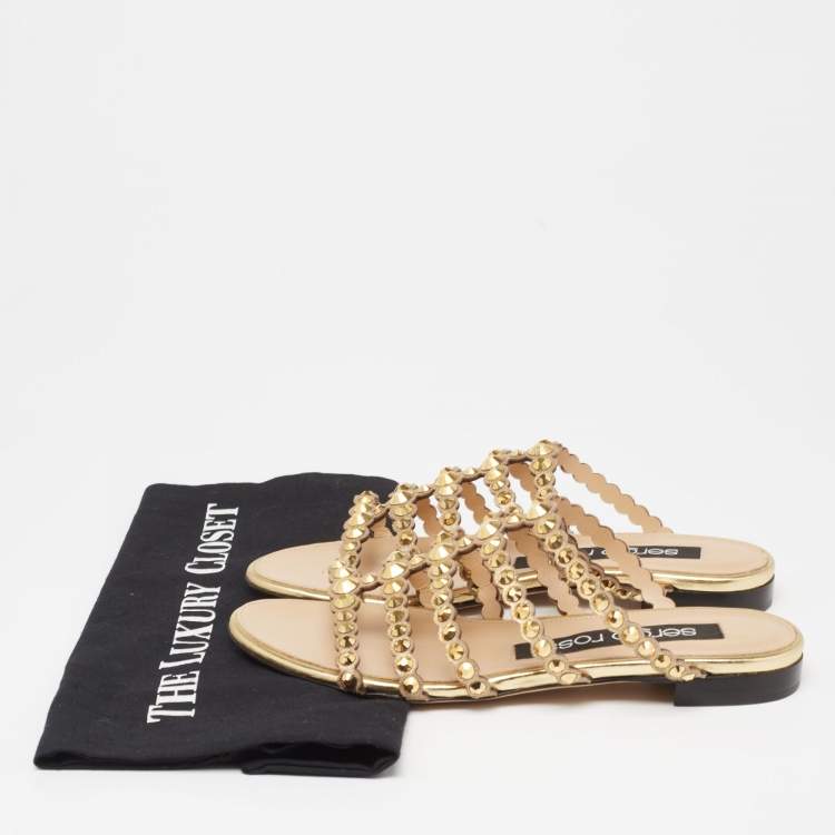 Pre Owned Sergio Rossi Gold Crystal Studded Leather Flat Slides Size 36