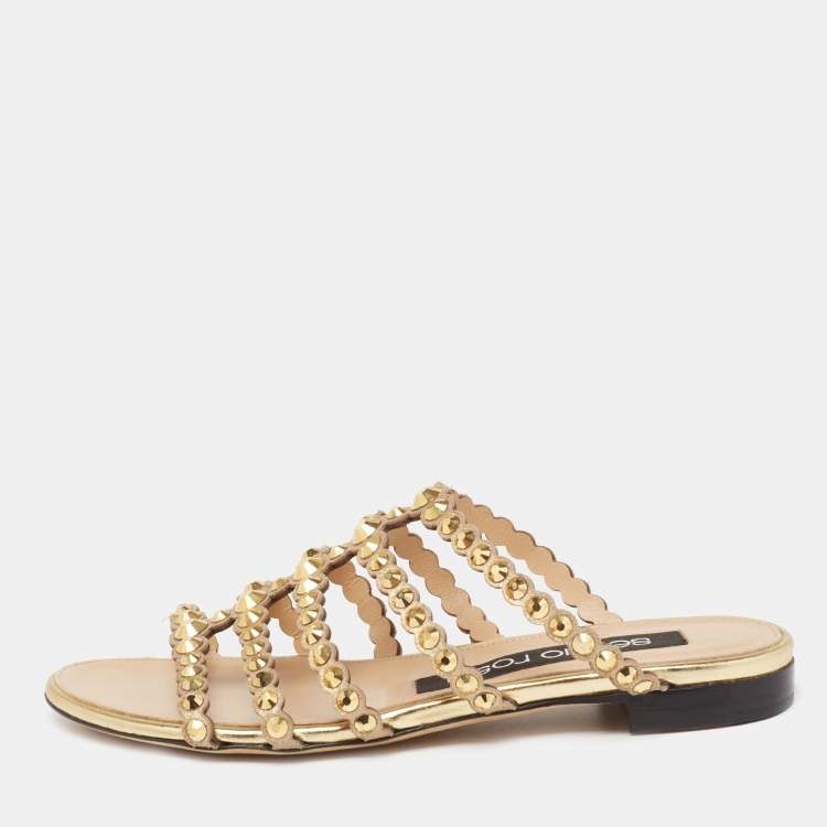 Pre Owned Sergio Rossi Gold Crystal Studded Leather Flat Slides Size 36