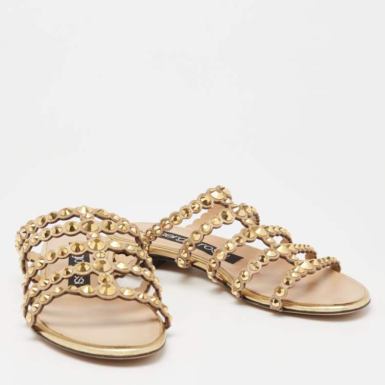Pre Owned Sergio Rossi Gold Crystal Studded Leather Flat Slides Size 36