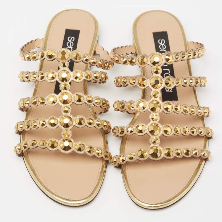 Pre Owned Sergio Rossi Gold Crystal Studded Leather Flat Slides Size 36