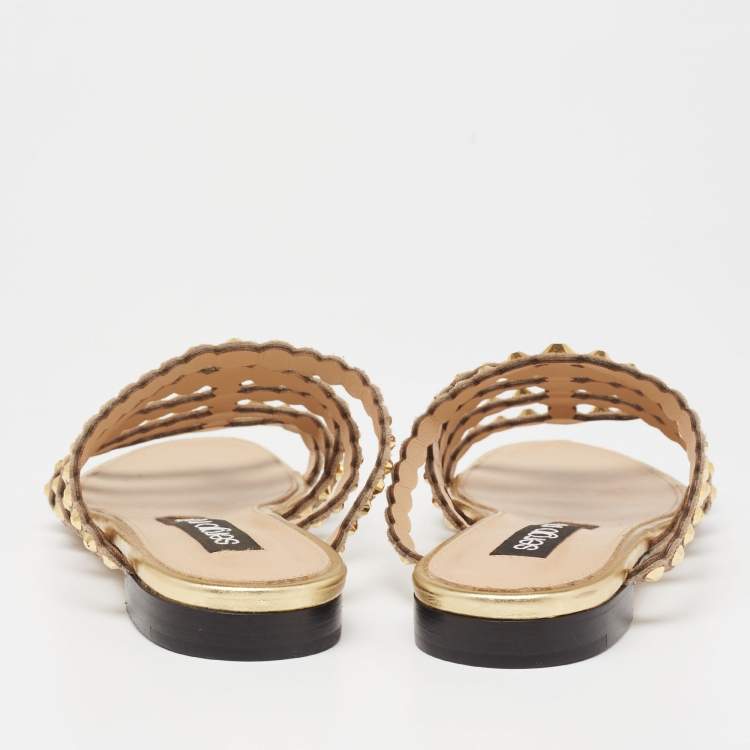 Pre Owned Sergio Rossi Gold Crystal Studded Leather Flat Slides Size 36