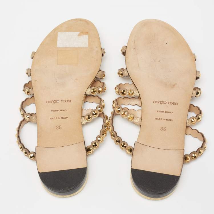 Pre Owned Sergio Rossi Gold Crystal Studded Leather Flat Slides Size 36
