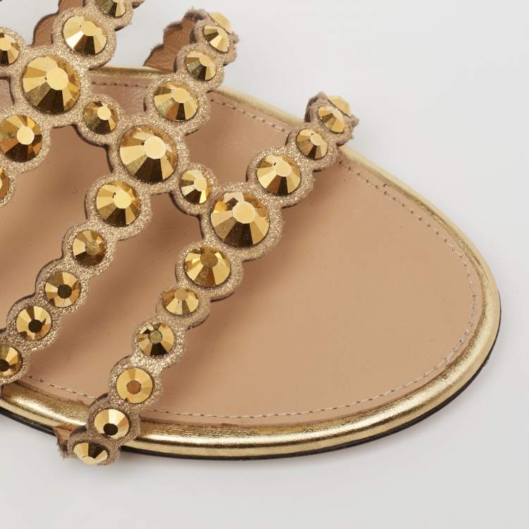 Pre Owned Sergio Rossi Gold Crystal Studded Leather Flat Slides Size 36