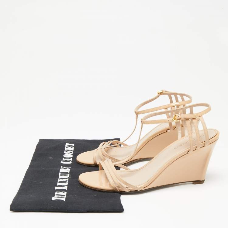 Pre Owned Sergio Rossi Beige Patent Leather Strappy Wedge Sandals Size 37