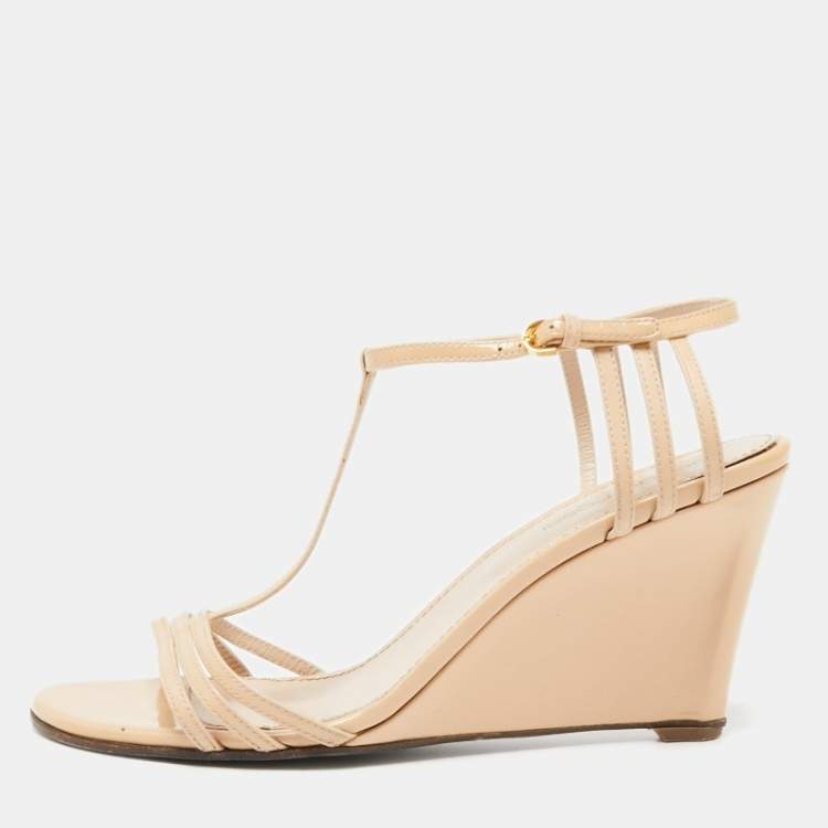 Pre Owned Sergio Rossi Beige Patent Leather Strappy Wedge Sandals Size 37