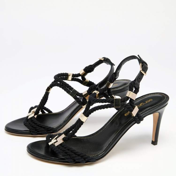 Pre Owned Sergio Rossi Black Leather And Rope Slingback Sandals Size 36