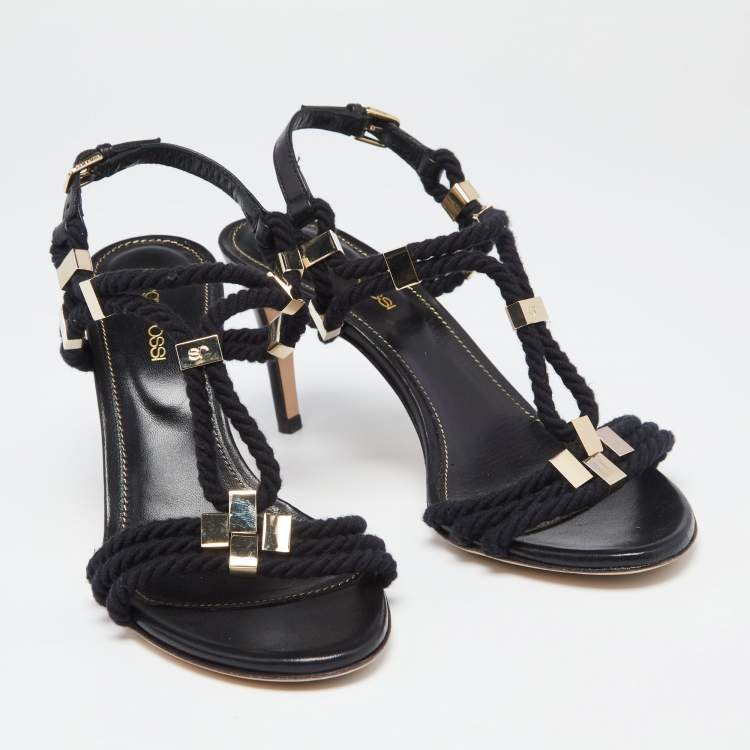 Pre Owned Sergio Rossi Black Leather And Rope Slingback Sandals Size 36