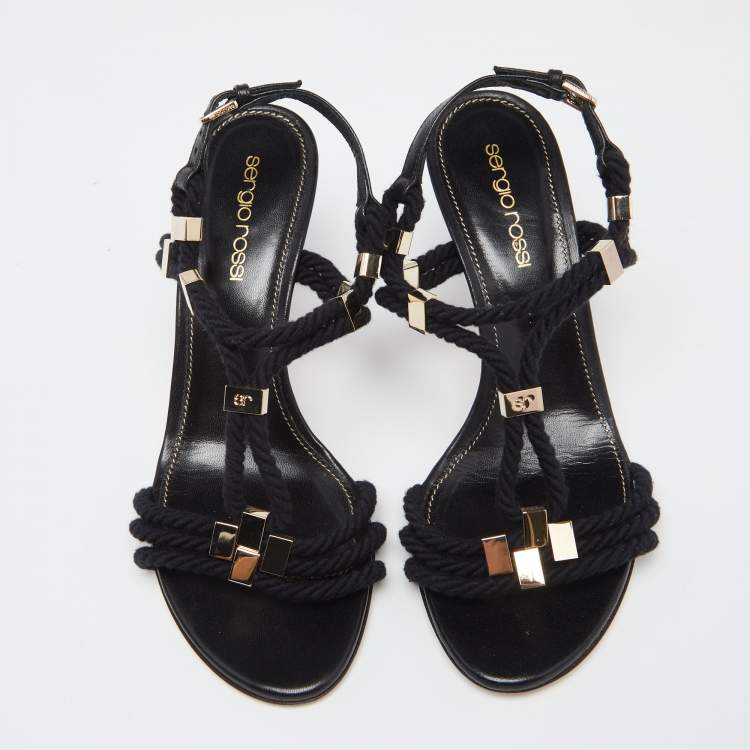 Pre Owned Sergio Rossi Black Leather And Rope Slingback Sandals Size 36