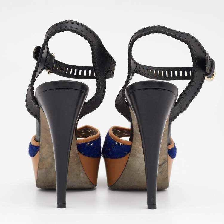 Pre Owned Sergio Rossi Multicolor Leather And Pony Hair Platform Ankle Strap Sandals Size 40