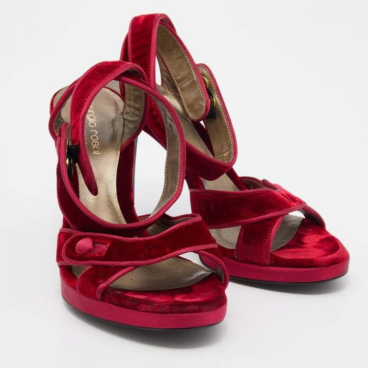 Pre Owned Sergio Rossi Red Velvet Ankle Strap Sandals Size 37