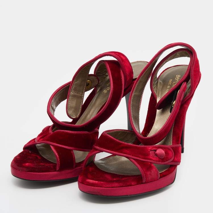 Pre Owned Sergio Rossi Red Velvet Ankle Strap Sandals Size 37
