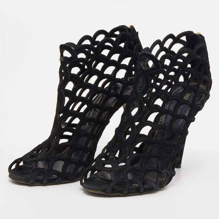 Pre Owned Sergio Rossi Black Suede Cut Out Open Toe Ankle Length Booties Size 36