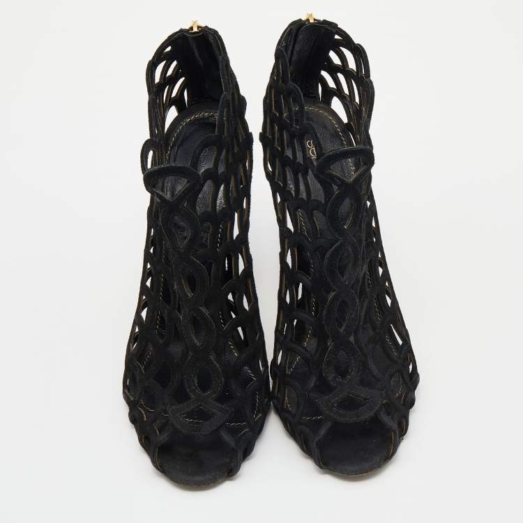 Pre Owned Sergio Rossi Black Suede Cut Out Open Toe Ankle Length Booties Size 36
