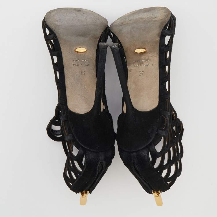 Pre Owned Sergio Rossi Black Suede Cut Out Open Toe Ankle Length Booties Size 36