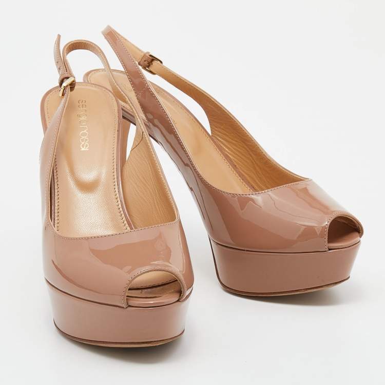 Pre Owned Sergio Rossi Beige Patent Leather Peep Toe Platform Slingback Sandals Size 38.5