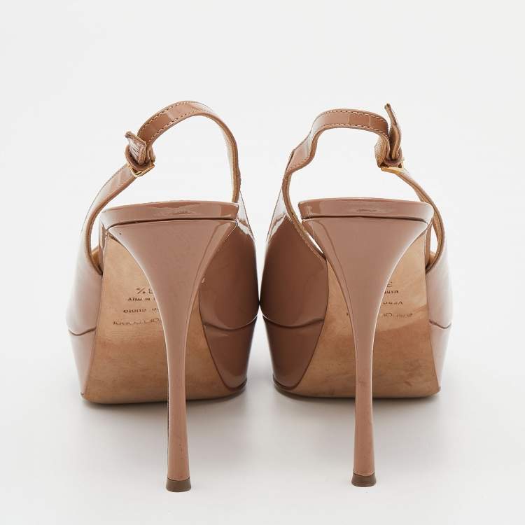 Pre Owned Sergio Rossi Beige Patent Leather Peep Toe Platform Slingback Sandals Size 38.5