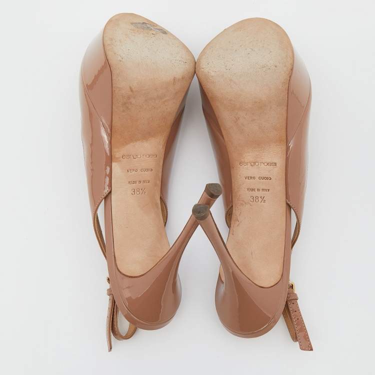 Pre Owned Sergio Rossi Beige Patent Leather Peep Toe Platform Slingback Sandals Size 38.5