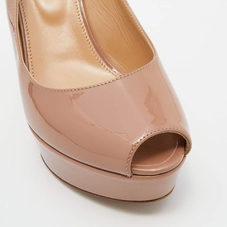Pre Owned Sergio Rossi Beige Patent Leather Peep Toe Platform Slingback Sandals Size 38.5