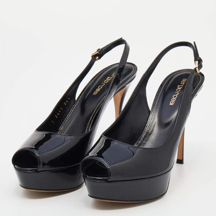 Pre Owned Sergio Rossi Black Patent Leather Peep Toe Platform Ankle Strap Sandals Size 38.5