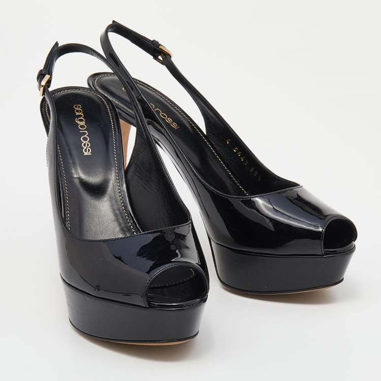 Pre Owned Sergio Rossi Black Patent Leather Peep Toe Platform Ankle Strap Sandals Size 38.5