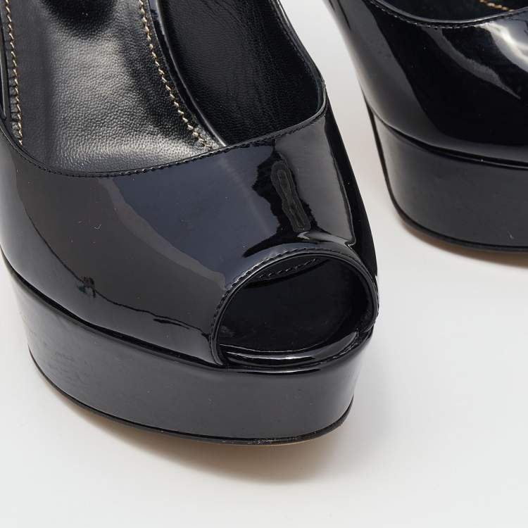 Pre Owned Sergio Rossi Black Patent Leather Peep Toe Platform Ankle Strap Sandals Size 38.5