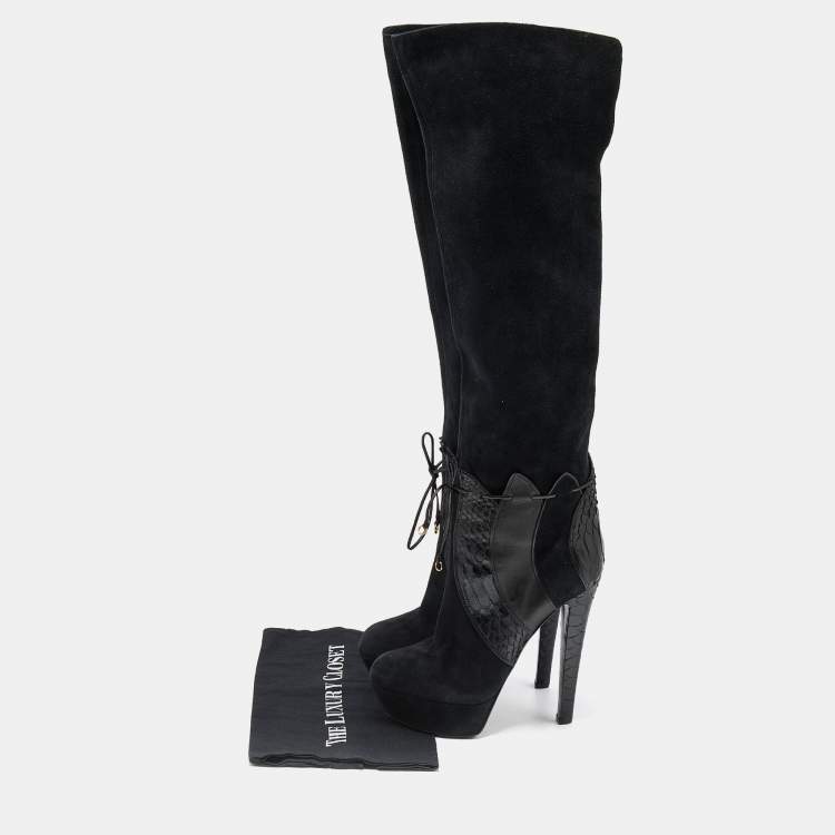 Pre Owned Sergio Rossi Black Suede and Python Platform Ankle Boots Size 38