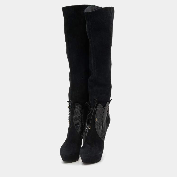 Pre Owned Sergio Rossi Black Suede and Python Platform Ankle Boots Size 38