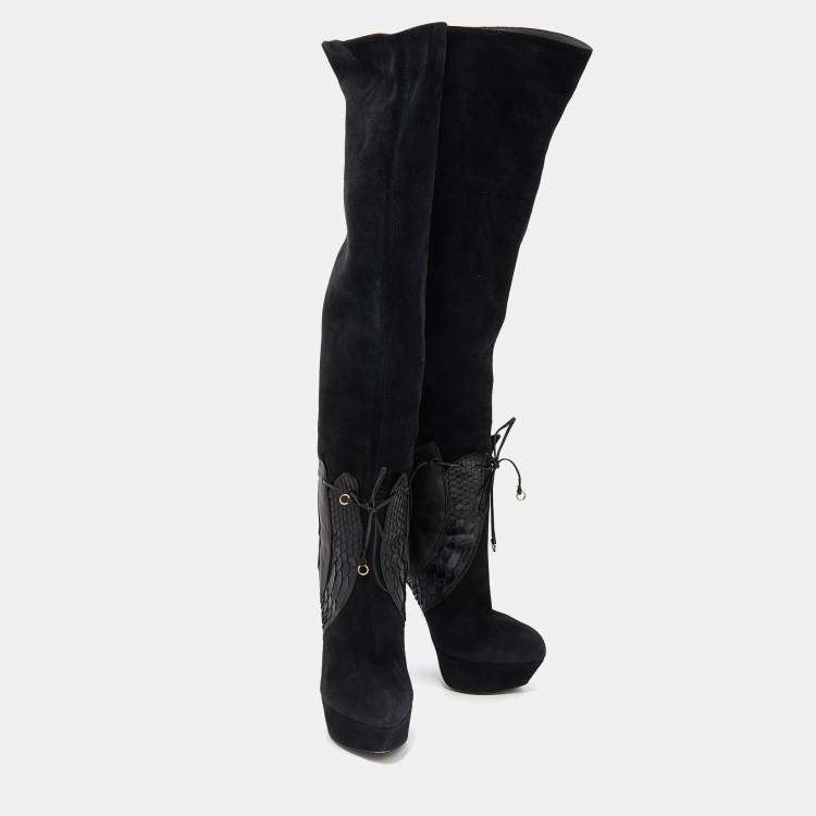 Pre Owned Sergio Rossi Black Suede and Python Platform Ankle Boots Size 38