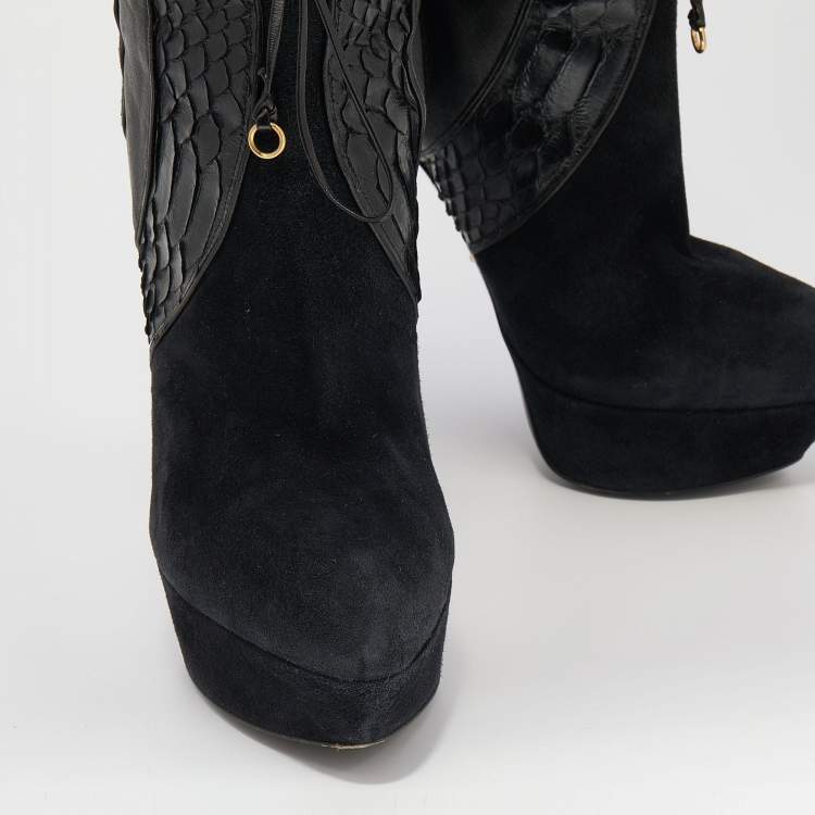 Pre Owned Sergio Rossi Black Suede and Python Platform Ankle Boots Size 38