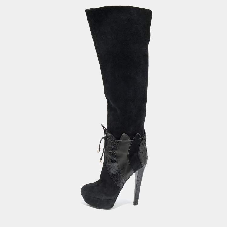 Pre Owned Sergio Rossi Black Suede and Python Platform Ankle Boots Size 38