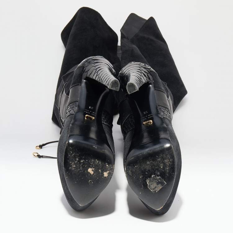 Pre Owned Sergio Rossi Black Suede and Python Platform Ankle Boots Size 38