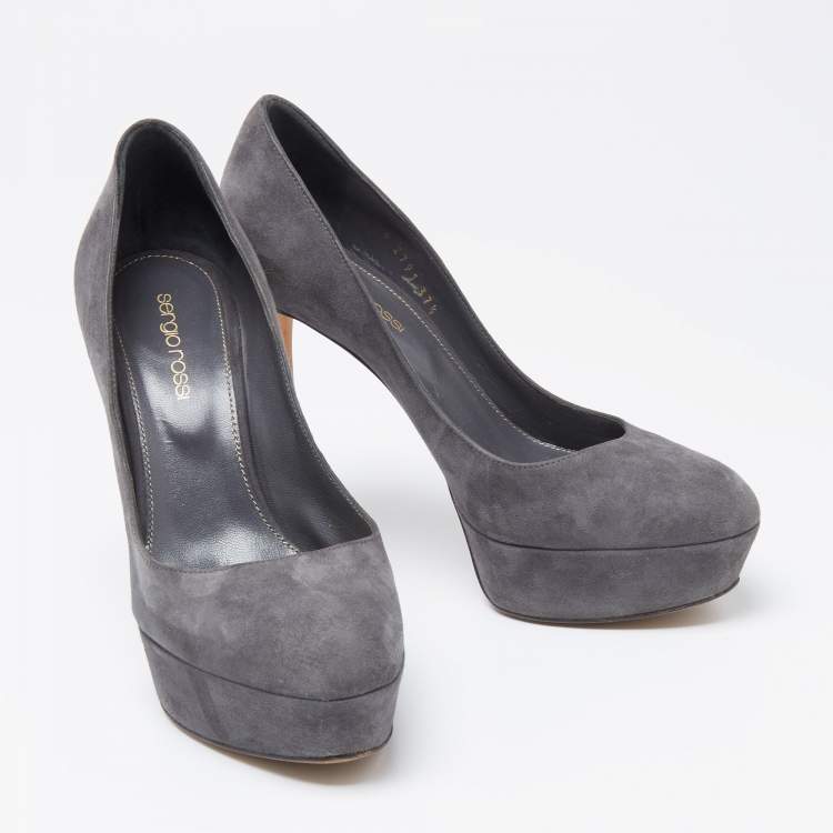 Pre Owned Sergio Rossi Grey Suede Leather Round Toe Platform Pumps Size 37.5 