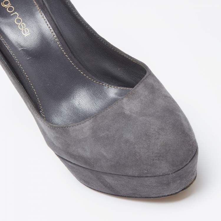Pre Owned Sergio Rossi Grey Suede Leather Round Toe Platform Pumps Size 37.5 