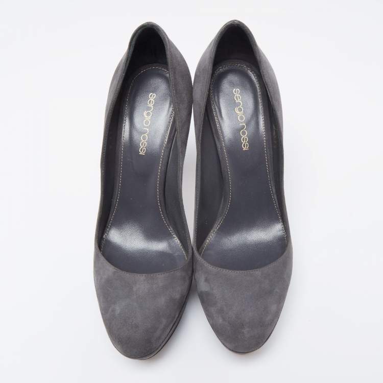Pre Owned Sergio Rossi Grey Suede Leather Round Toe Platform Pumps Size 37.5 
