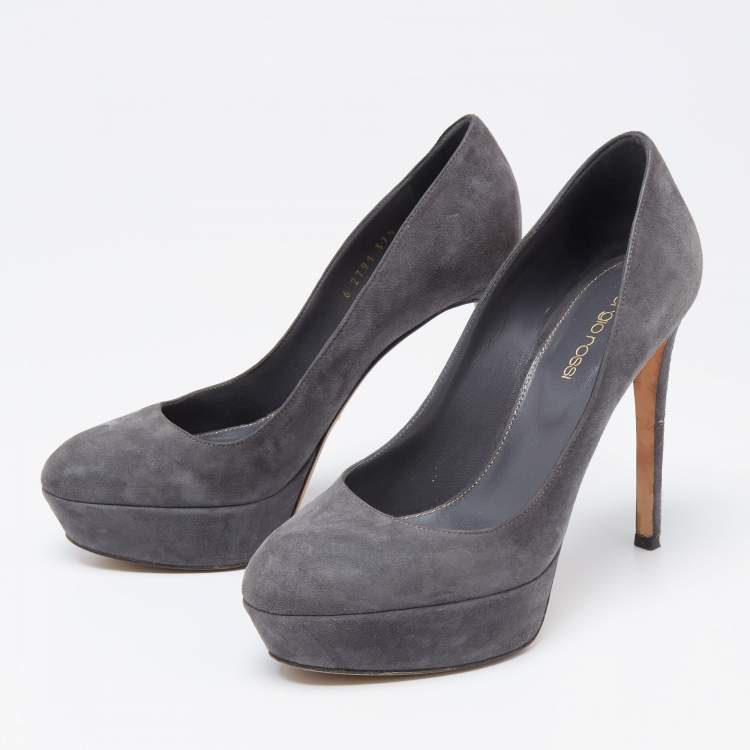 Pre Owned Sergio Rossi Grey Suede Leather Round Toe Platform Pumps Size 37.5 