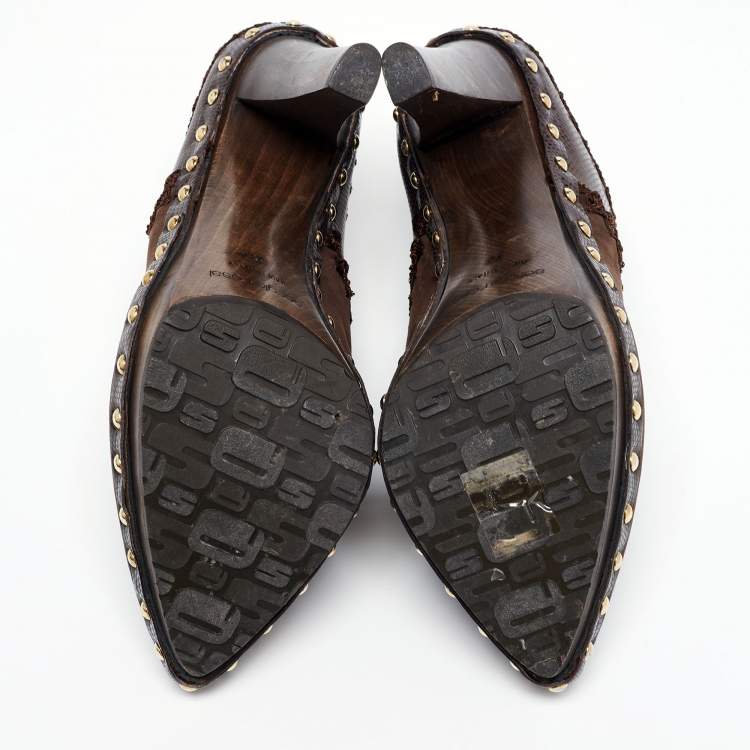 Pre Owned Sergio Rossi Brown Lizard Embossed Leather and Suede Studded Platform Mules Size 38