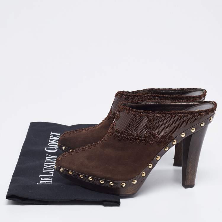 Pre Owned Sergio Rossi Brown Lizard Embossed Leather and Suede Studded Platform Mules Size 38