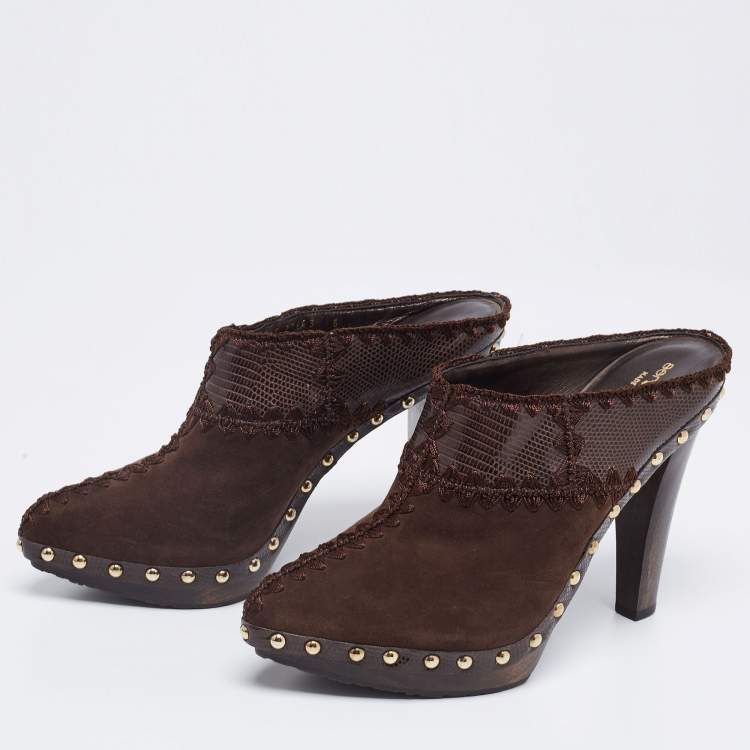 Pre Owned Sergio Rossi Brown Lizard Embossed Leather and Suede Studded Platform Mules Size 38