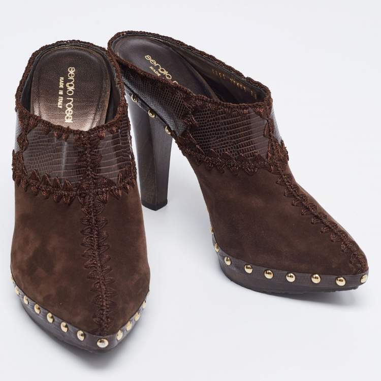 Pre Owned Sergio Rossi Brown Lizard Embossed Leather and Suede Studded Platform Mules Size 38