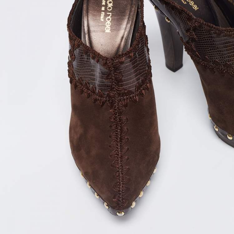 Pre Owned Sergio Rossi Brown Lizard Embossed Leather and Suede Studded Platform Mules Size 38