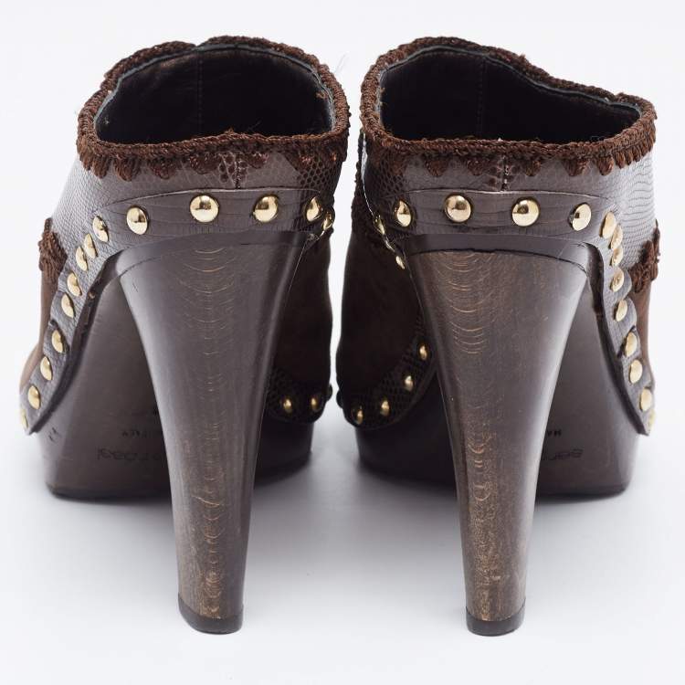 Pre Owned Sergio Rossi Brown Lizard Embossed Leather and Suede Studded Platform Mules Size 38