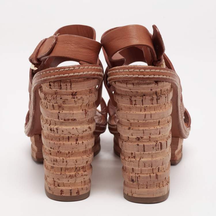 Pre Owned Sergio Rossi Brown Leather Cork Heel Platform Sandals 38.5