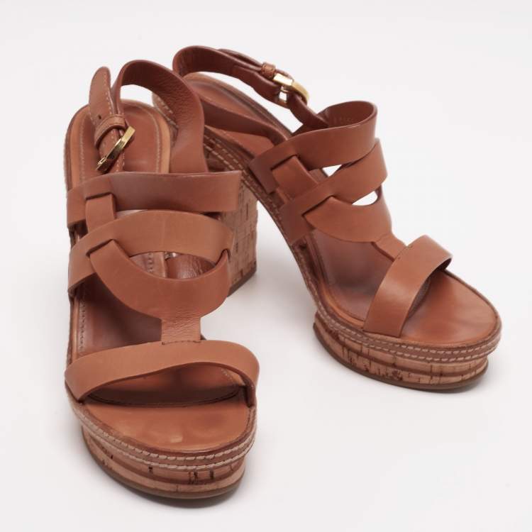 Pre Owned Sergio Rossi Brown Leather Cork Heel Platform Sandals 38.5