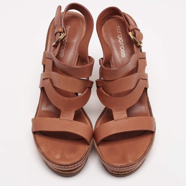 Pre Owned Sergio Rossi Brown Leather Cork Heel Platform Sandals 38.5