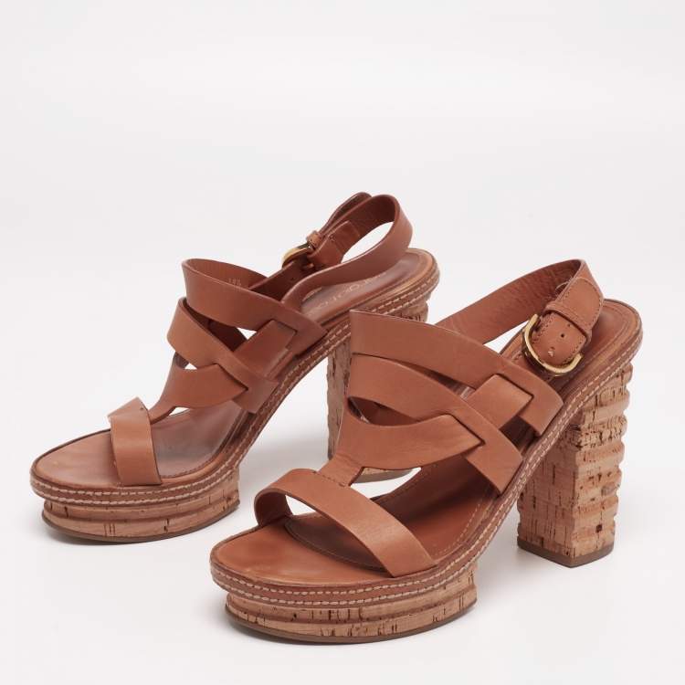 Pre Owned Sergio Rossi Brown Leather Cork Heel Platform Sandals 38.5